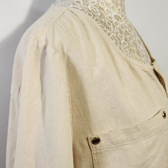 Anne Klein Women's L Beige Linen Blend Roll Tab Sleeve Front Zipper  Pocket Top - Picture 6 of 15